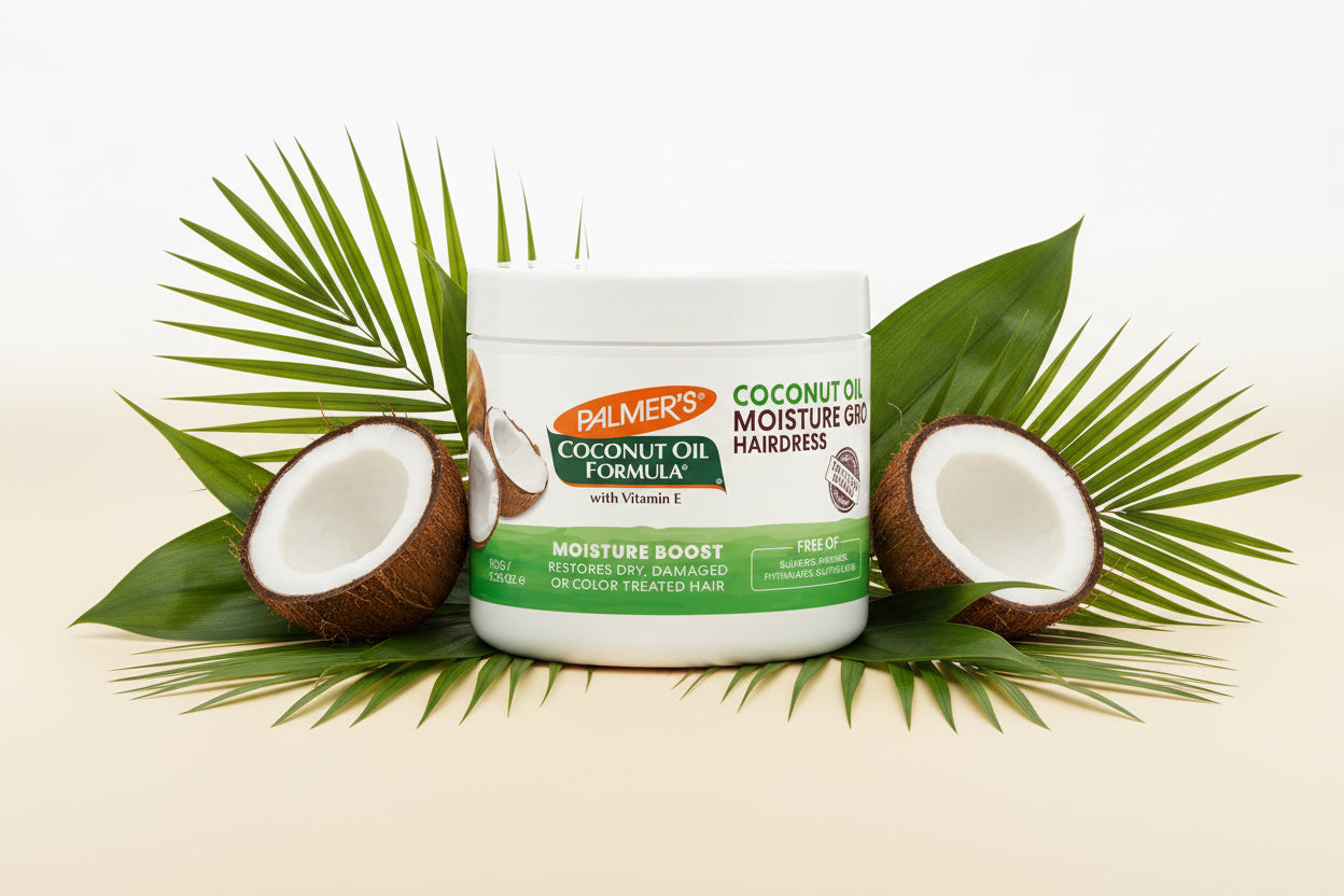 A white plastic jar of Palmer's Coconut Oil Formula Coconut Oil Oil Moisture Boost Hairdress, featuring a green and orange label with coconut graphics.