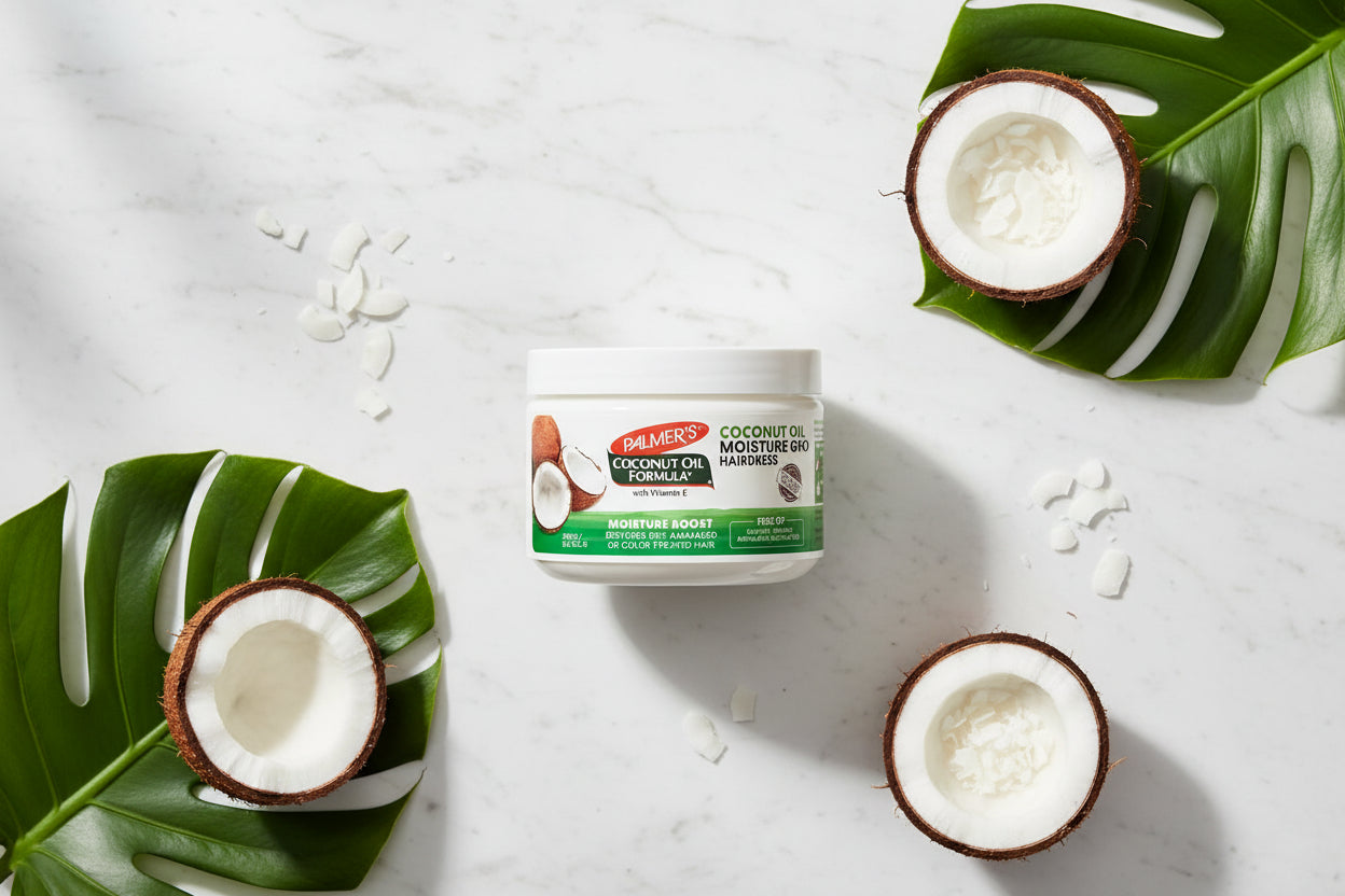 A white plastic jar of Palmer's Coconut Oil Formula Moisture Boost Hairdress against a white background.