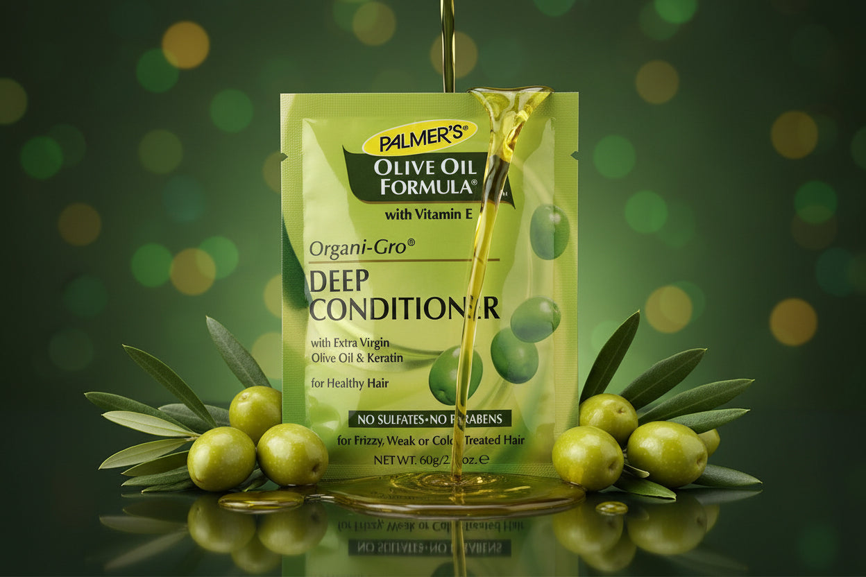 A single packet of Palmer's Olive Oil Formula Deep Conditioner with Vitamin E, featuring a light green packaging design with illustrations of green olives.