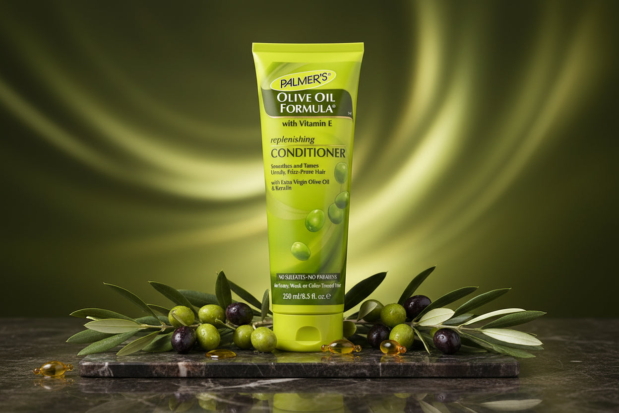 A tube of Palmer's Olive Oil Formula Conditioner with Vitamin E, featuring a bright lime green and yellow-green design with dark green text and olive leaf graphics, set against a plain white background.