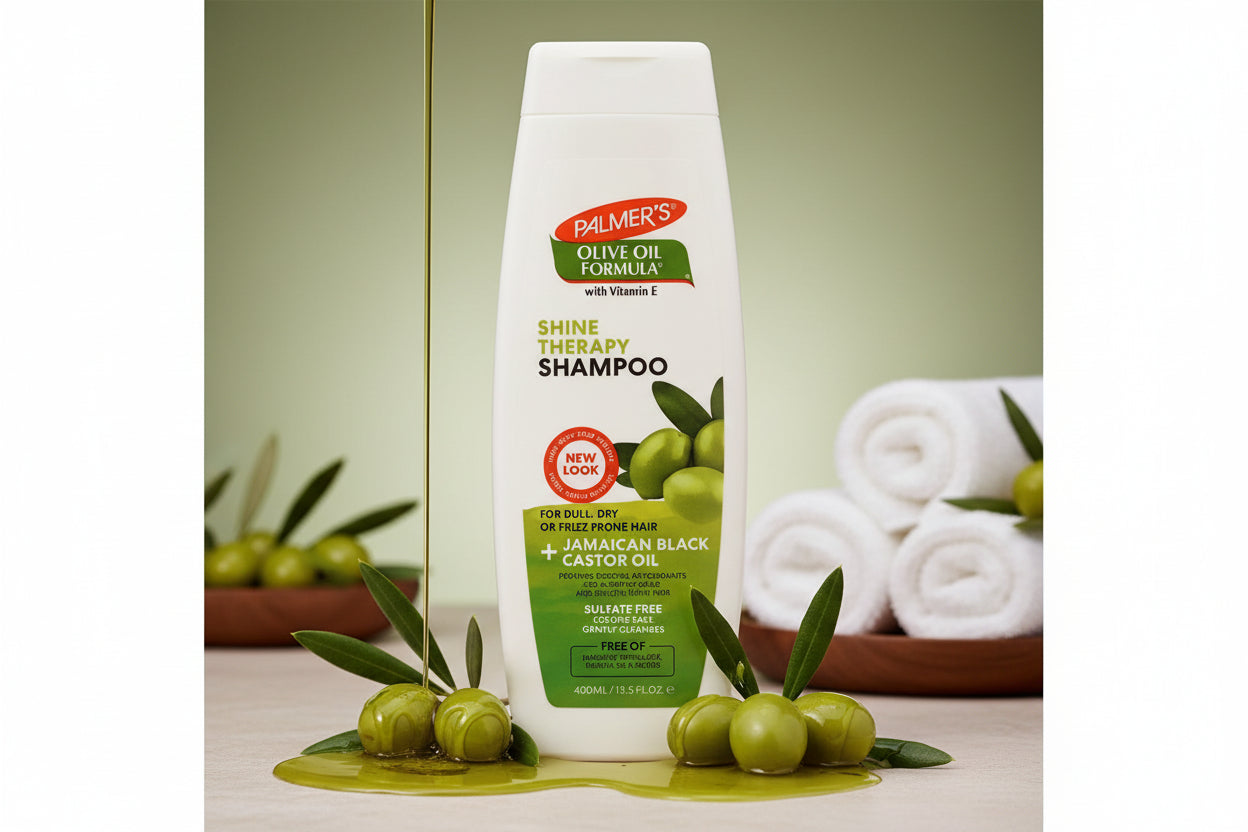 Palmer's Olive Oil Formula Shine Therapy Shampoo bottle on a white background