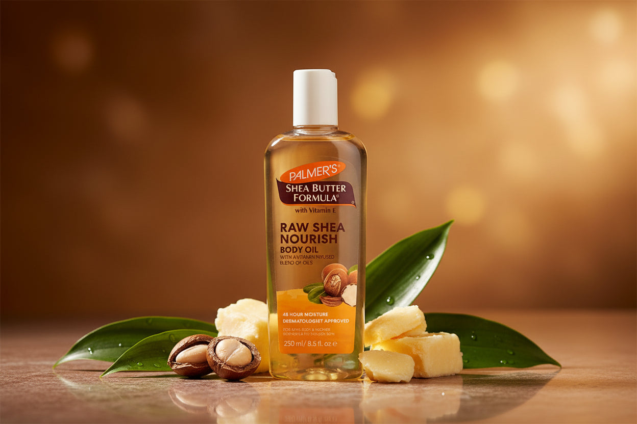 A 250 ml bottle of Palmer's Shea Butter Formula Raw Shea Nourish Body Oil, featuring a white cap and a label with orange, brown, and yellow graphics on a white background.