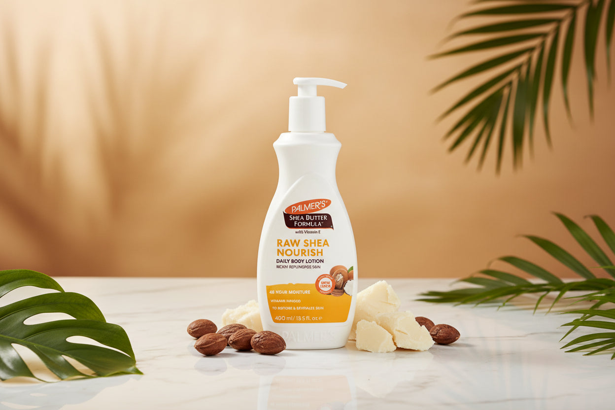 A 400 ml white pump bottle of Palmer's Shea Butter Formula Raw Shea Nourish Daily Body Lotion, featuring a white label with orange and brown accents, set against a plain white background.