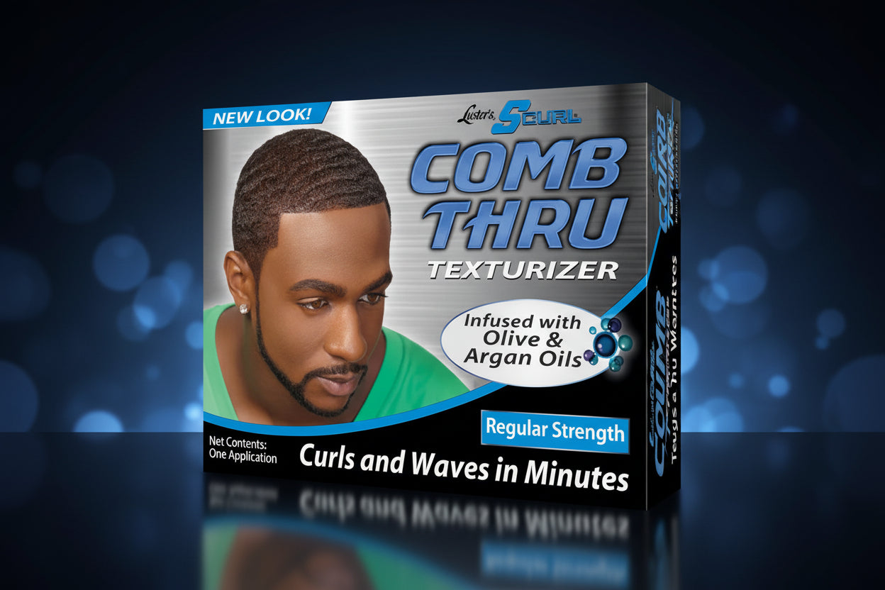 Luster's 5 Curl Comb Thru Texturizer packaging with a man's face on a white background