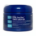 Blue jar of Luster's S Curl Free Flow Twist & Lock Gel with text on a white background
