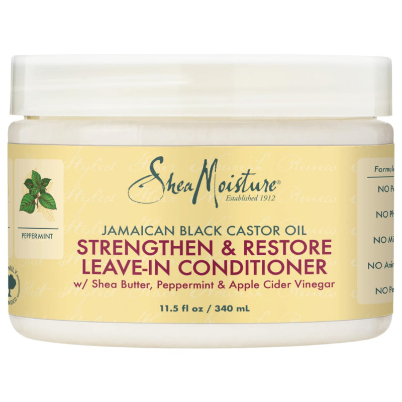 SheaMoisture Jamaican Black Castor Oil Strengthen & Restore Leave-In Conditioner jar on a white background