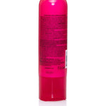 Pink cylindrical container with text on a white background