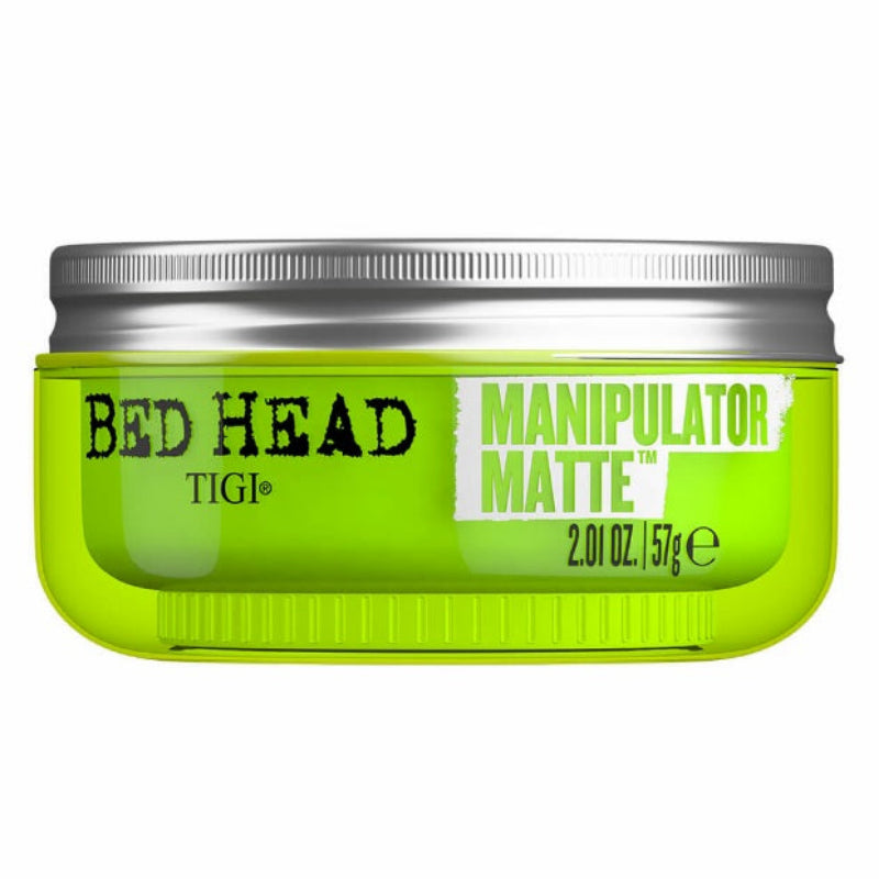 Green jar of TIGI Bed Head Manipulator Matte on a white background