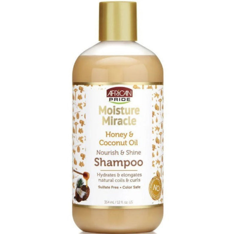 African Pride Moisture Miracle Honey & Coconut Oil Shampoo bottle on a white background