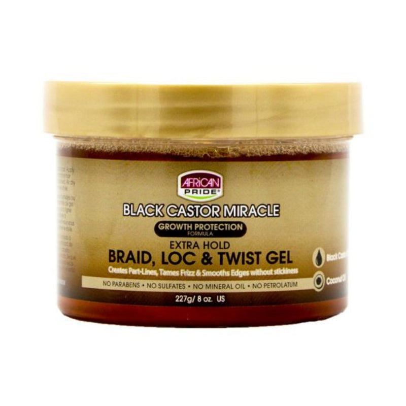 Jar of African Pride Black Castor Miracle Braid, Loc & Twist Gel on a white background