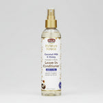 Leave-in conditioner bottle with coconut milk and honey ingredients on a white background