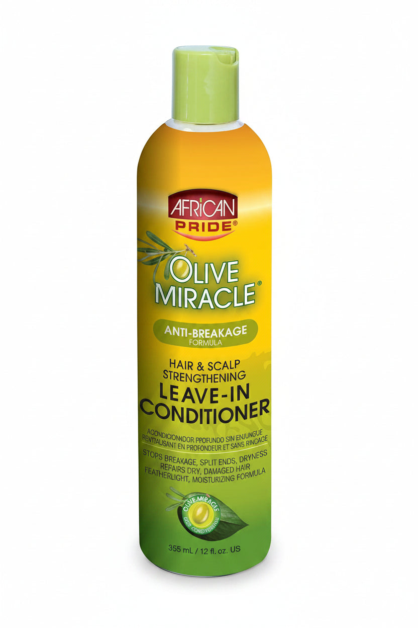African Pride Olive Miracle leave-in conditioner bottle on a white background