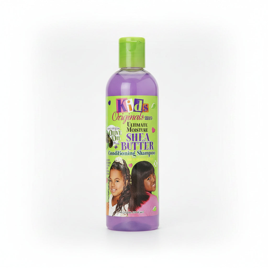 A bottle of Africa's Best Organic Kids Ultimate Moisture Shea Butter Conditioning Shampoo with a purple label, designed for children.