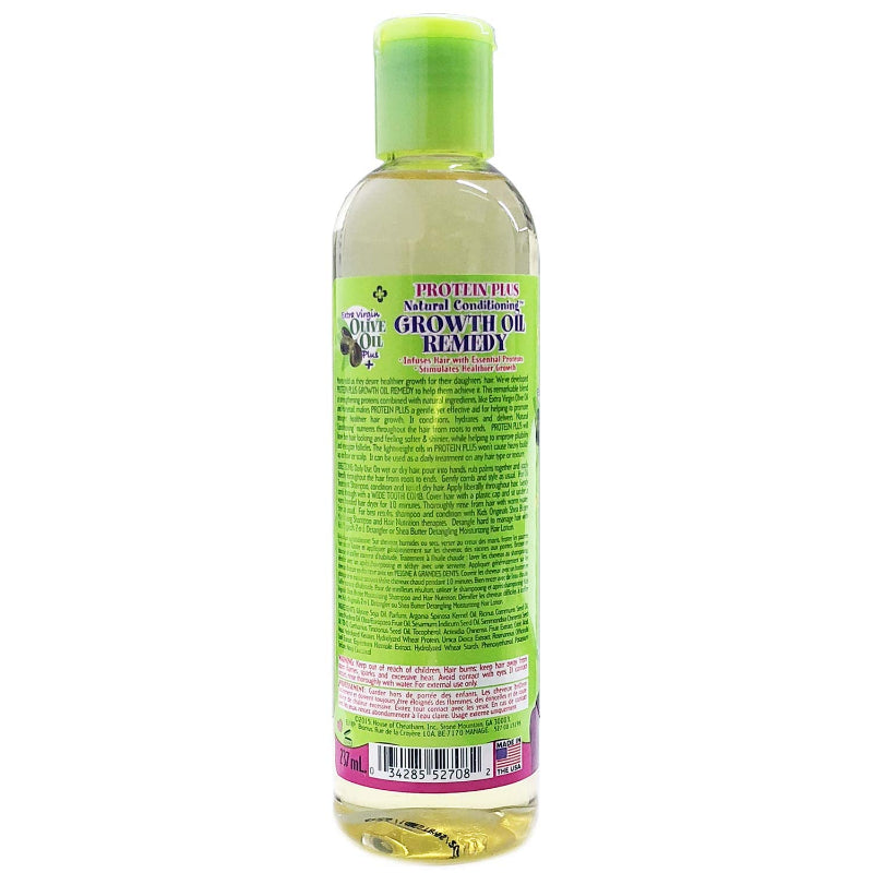 Bottle of 'Protein Plus' natural conditioning growth oil remedy with a green label on a white background.