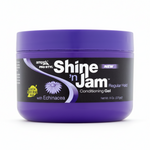 Purple jar of 'Shine 'n Jam' conditioning gel with a black label on a white background
