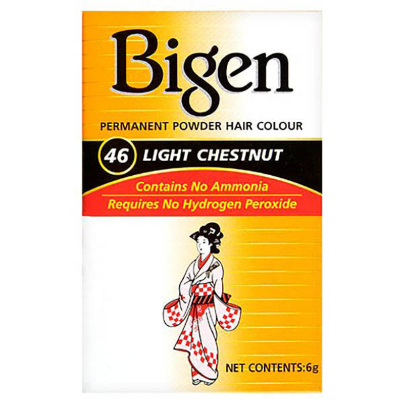 Bigen brand hair color packaging for shade 46 Light Chestnut, featuring a yellow and white box with black text and an illustration of a woman in a red-and-white checkered kimono.