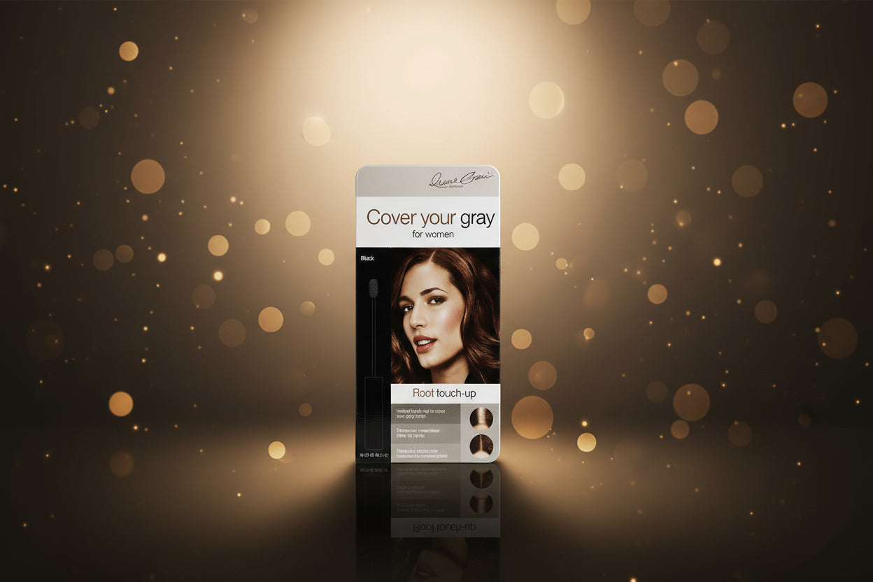 Root touch-up kit packaging with a woman's face on a white background