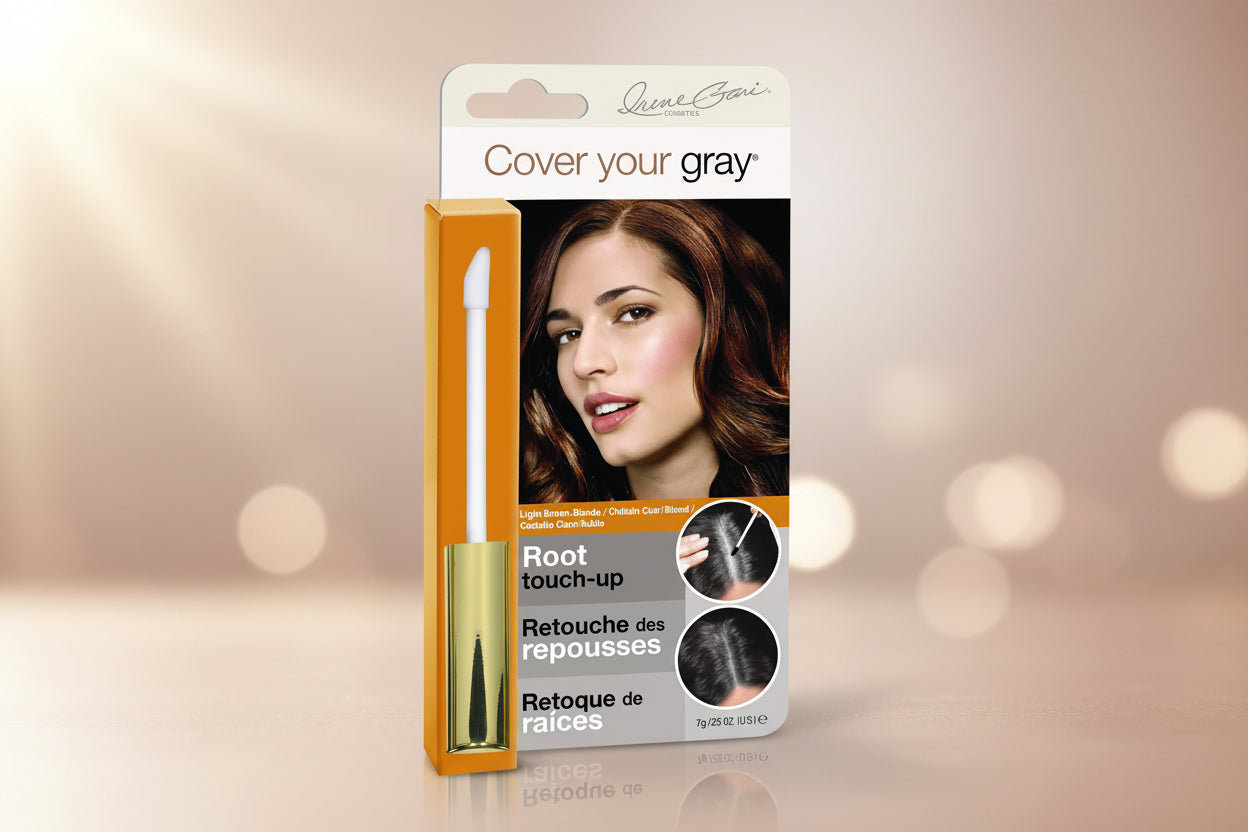 Cover your gray hair touch-up pen packaging with a woman's face and product images on a white background.