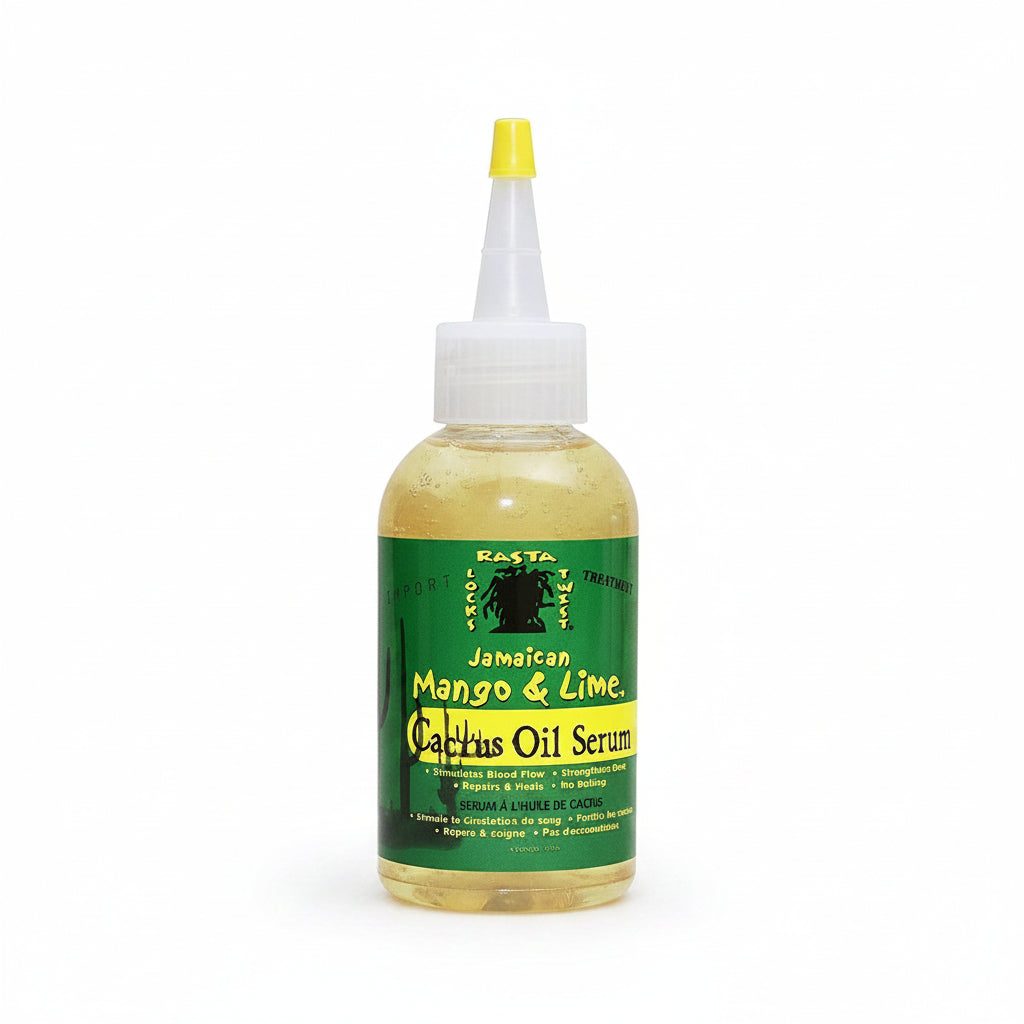 A bottle of Jamaican Mango Lime Cactus Oil Serum with a white cap and a label that includes the product name and the brand Rasta.