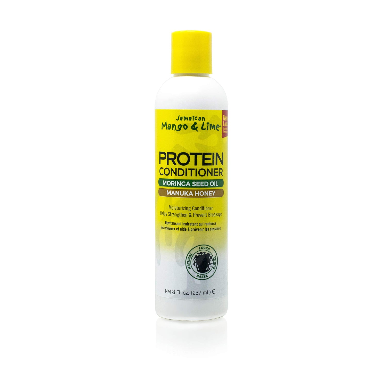 A bottle of Jamaican Mango & Lime Protein Conditioner with a yellow cap, labeled with the brand and product details.