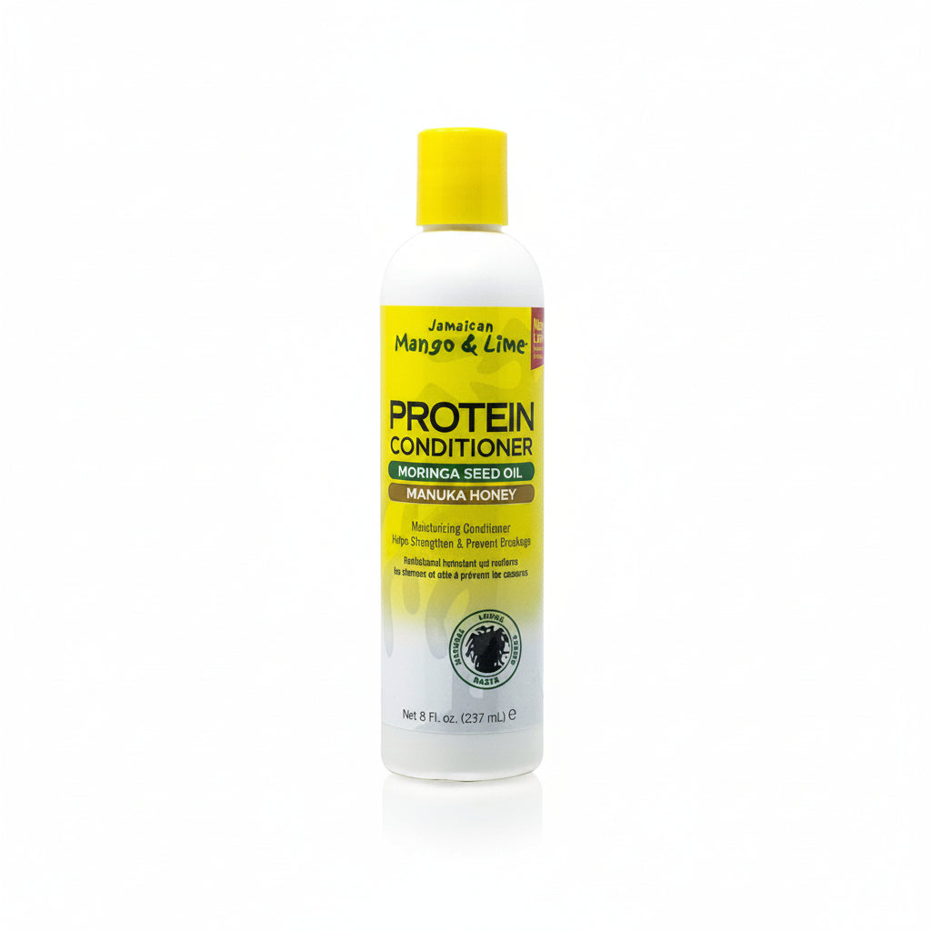 A bottle of Jamaican Mango & Lime Protein Conditioner with a yellow cap, labeled with the brand and product details.