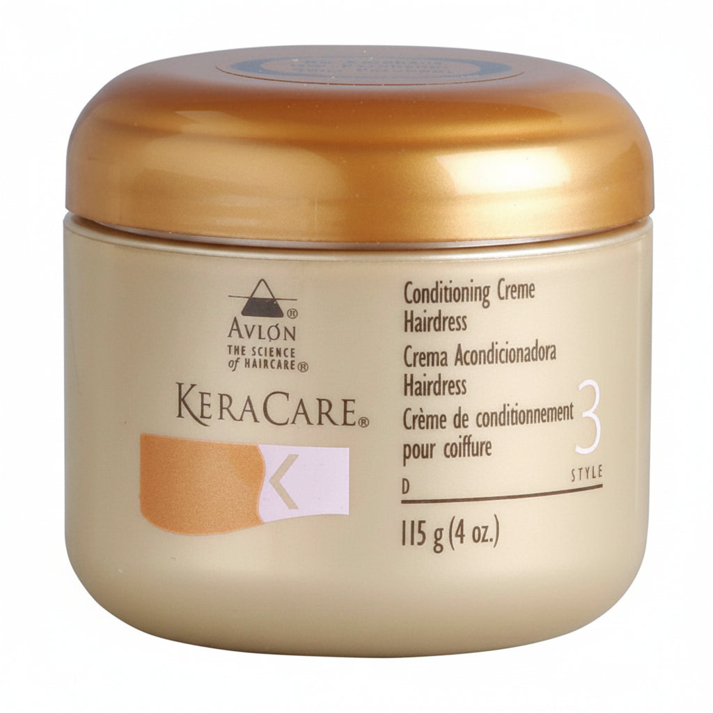 KeraCare hair care product jar with gold lid on a white background