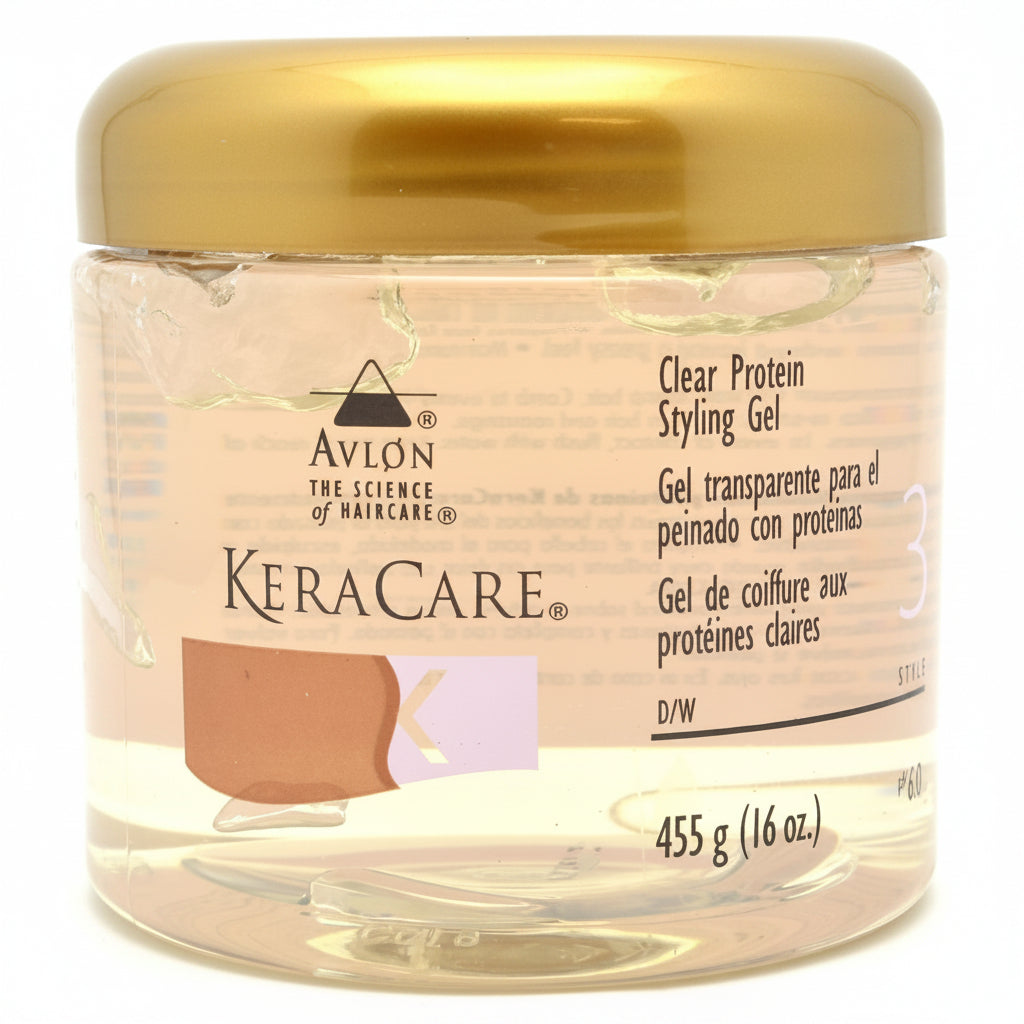 A jar of KeraCare Clear Protein Styling Gel, 455g size, with a label indicating it is a hair styling product.