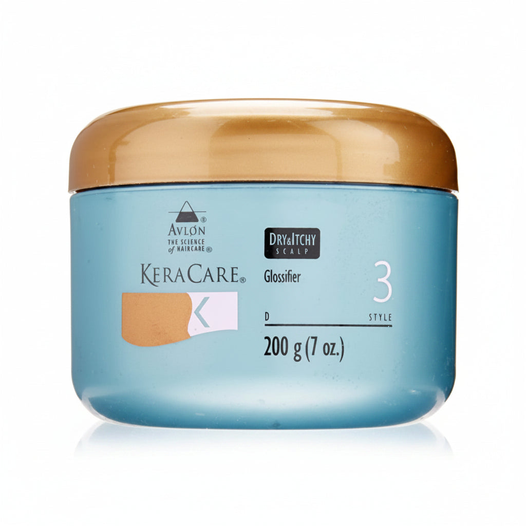 Keracare hair care product jar with gold lid on a white background