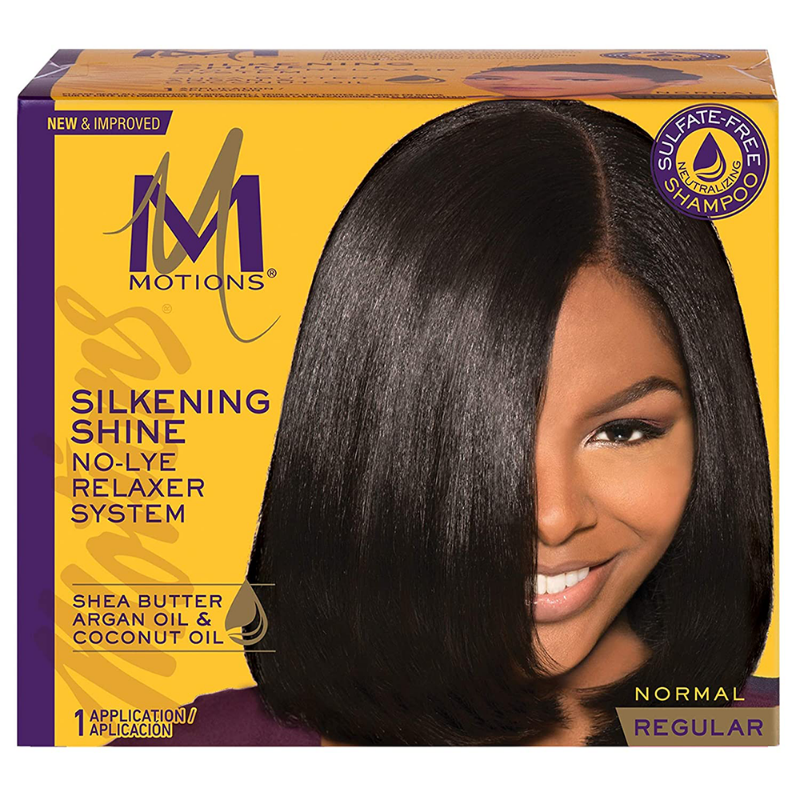 Motions Silkening Shine No-Lye Relaxer System packaging with a model featuring straight hair.