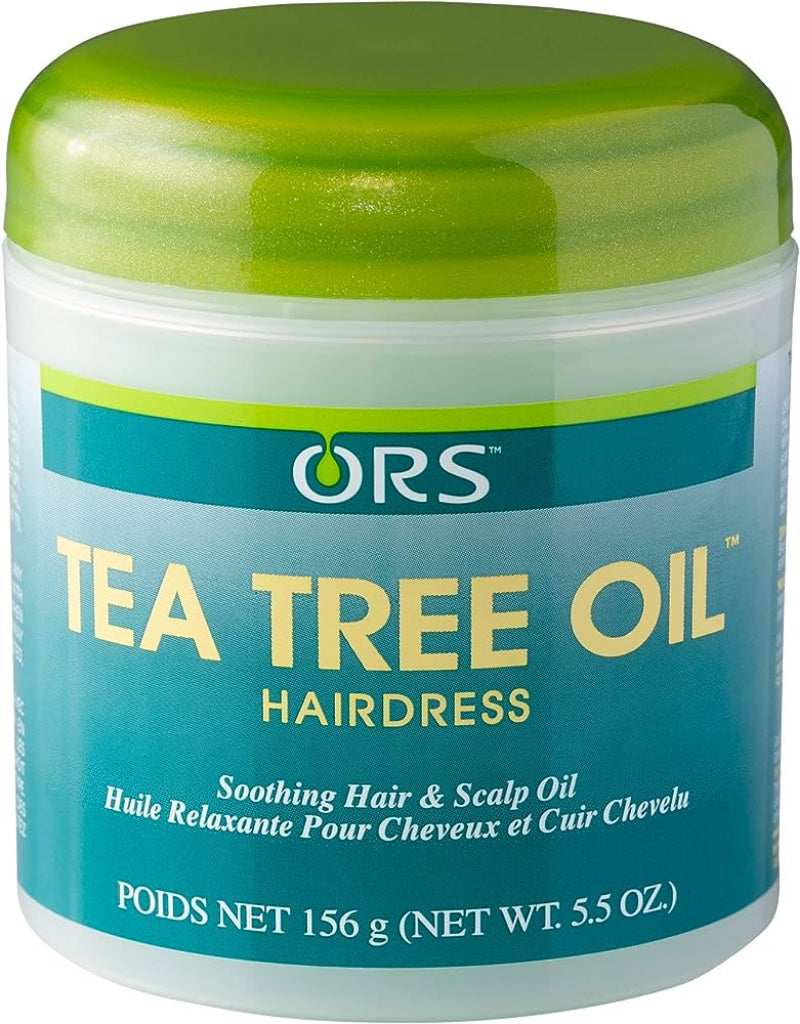 Jar of ORS Tea Tree Oil Hairdress with green lid on a white background