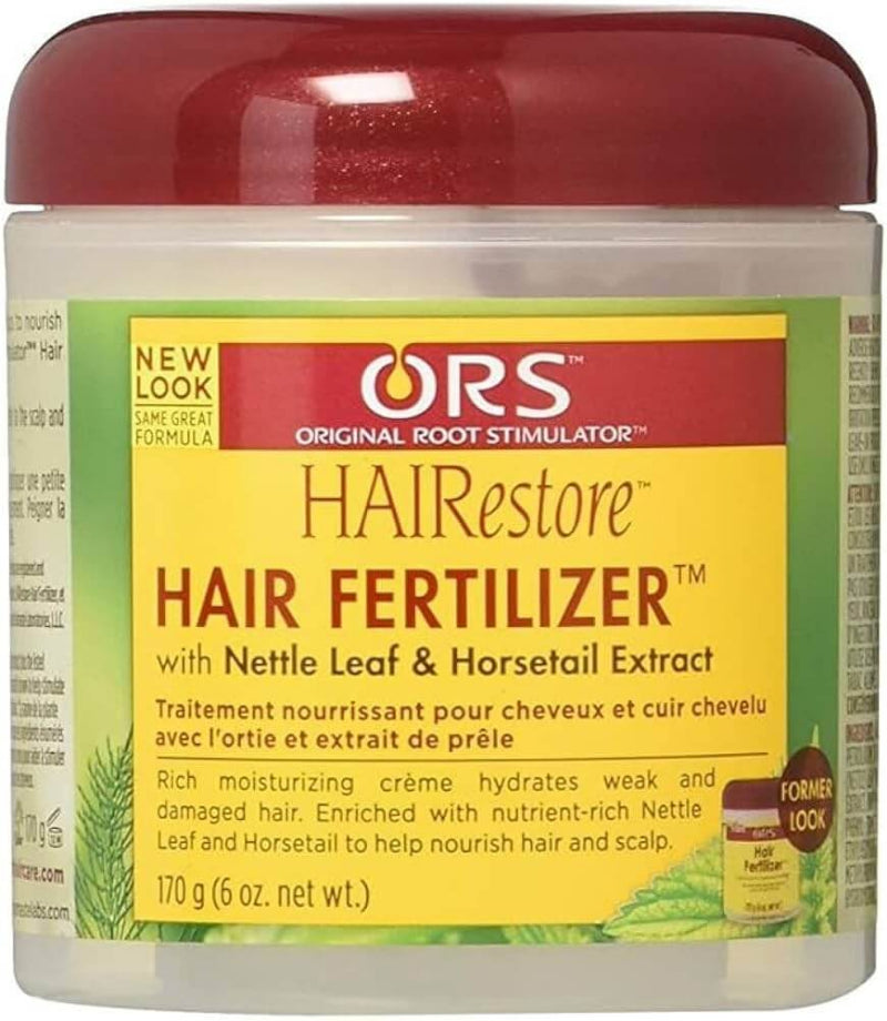Jar of ORS Hair Restore Hair Fertilizer with red lid and yellow label.