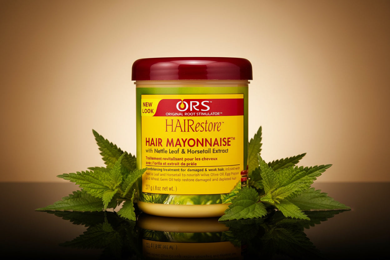 Jar of ORS Hair Restore Hair Mayonnaise with yellow label and red lid on a white background