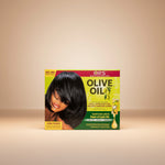 ORS Olive Oil hair relaxer packaging with a woman's face on a white background