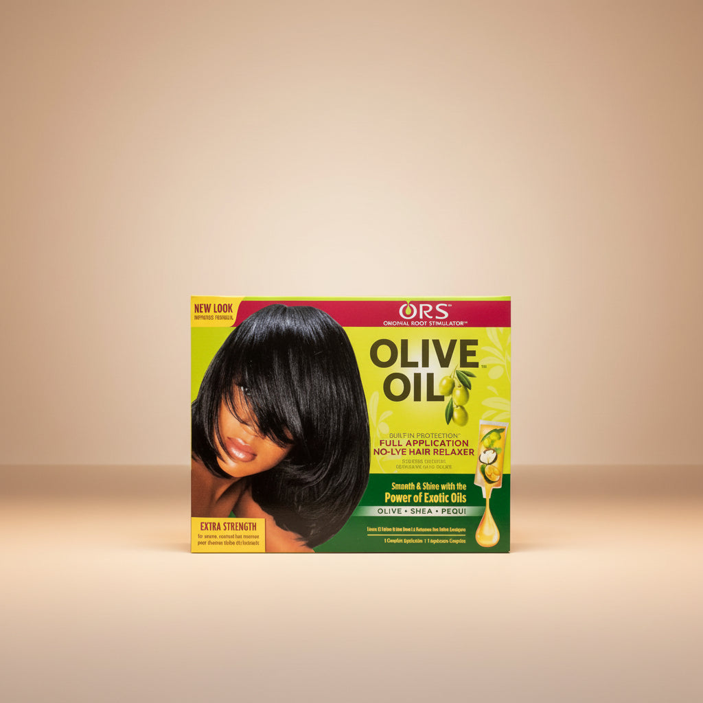 ORS Olive Oil hair relaxer packaging with a woman's face on a white background