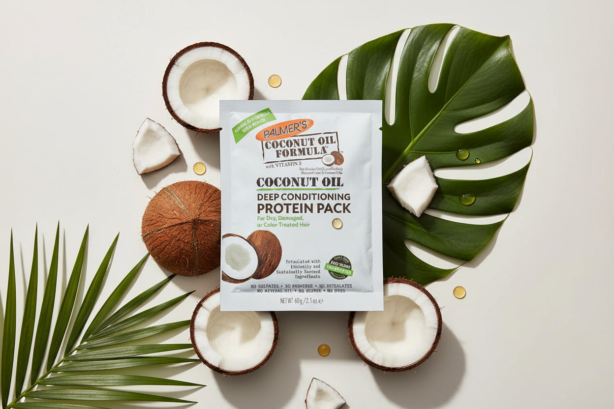 A white stand-up pouch of Palmer's Coconut Oil Deep Conditioning Protein Pack with brown coconut imagery and green and orange brand accents on a white background.