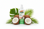 A white plastic spray bottle of Palmer's Coconut Oil Formula Moisture Boost Leave-In Conditioner with green and orange label accents, set against a plain white background.