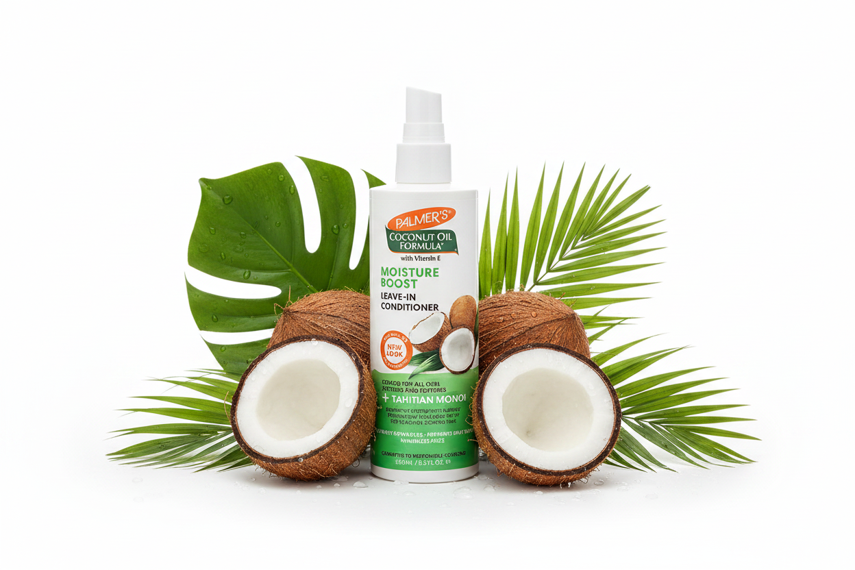 A white plastic spray bottle of Palmer's Coconut Oil Formula Moisture Boost Leave-In Conditioner with green and orange label accents, set against a plain white background.