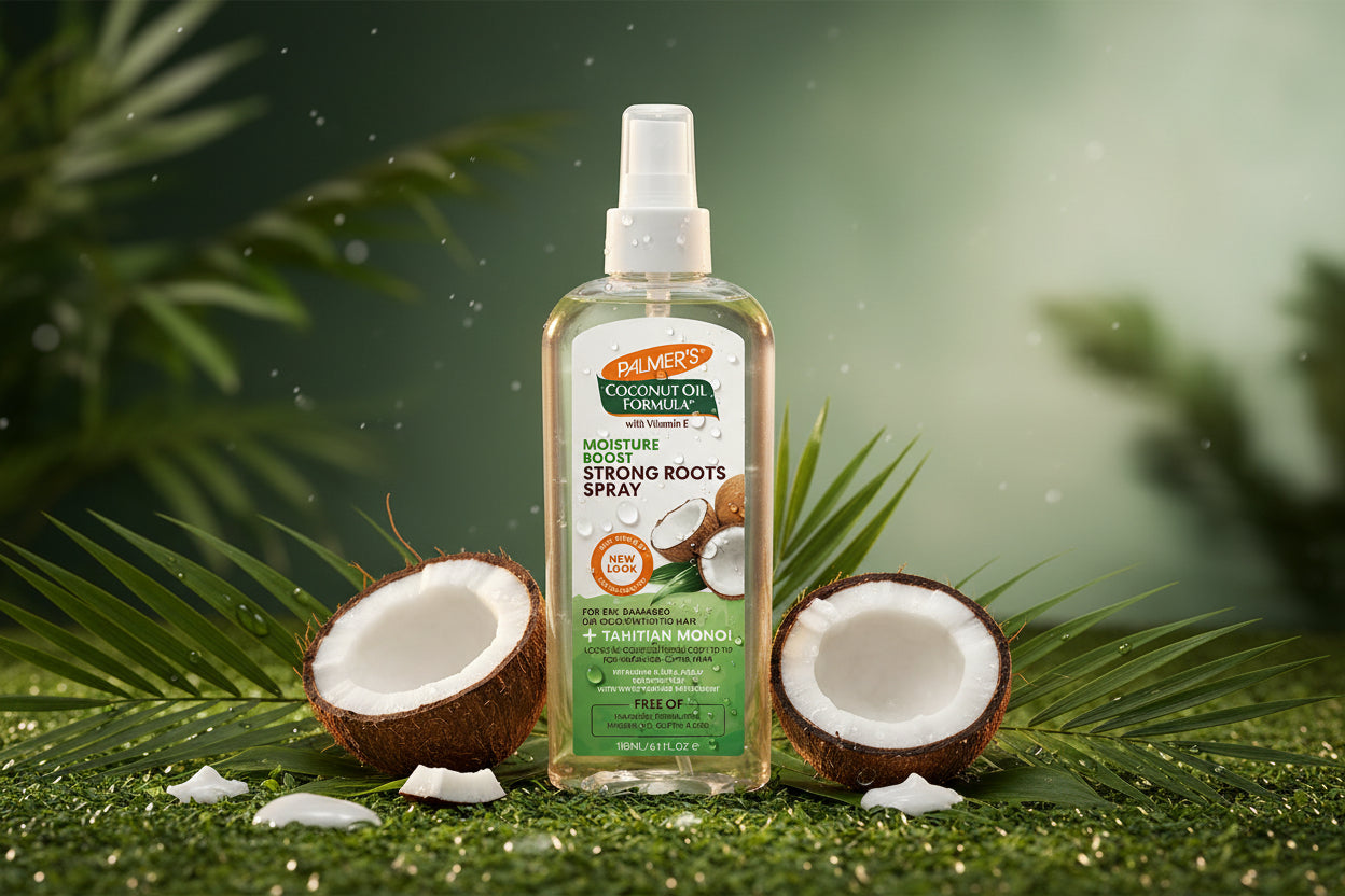 Palmer's Coconut Oil Formula spray bottle on a white background